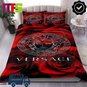 Versace Red Roses With Medusa Logo Luxury Bedding Set