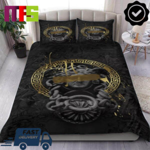 Versace Stone Medusa With Snake And Golden Greek Key Circle Pattern Luxury Bedding Set