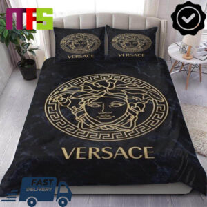 Versace Storm Marble Pattern With Gold Logo Medusa Luxury Bedding Set
