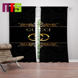 Gucci Gold Logo Crown In Black Background Home Decor Window Curtains