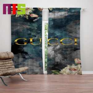 Gucci Golden Logo In Blue Oil Painting With White Roses Background Luxury Window Curtains