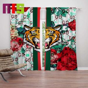 Gucci Tiger Red Roses Green And White Background Home Decor Window Curtains