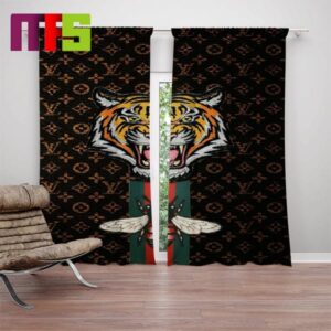 Gucci x Louis Vuitton Tiger Bee Signature Green And Red Pattern In Louis Vuitton Logo Background Window Curtains