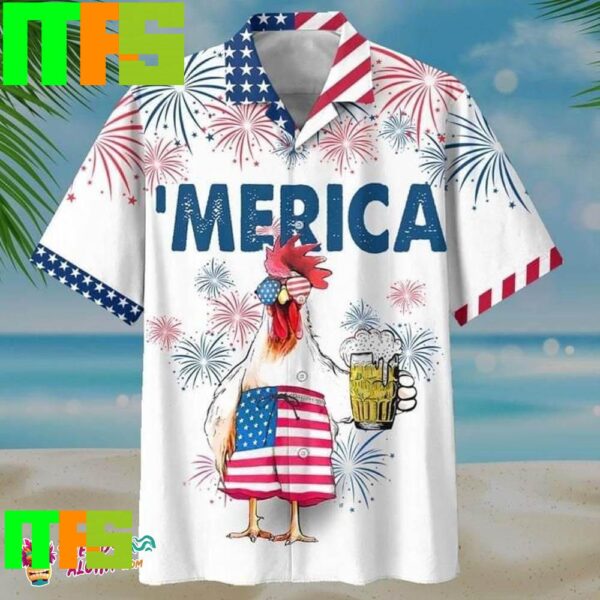 4Th Of July Independences Day American Flag Rooster Drink Beer White Hawaiian Shirt Gifts For Men And Women Hawaiian Shirt