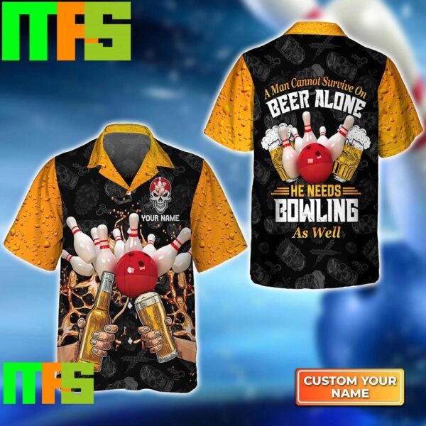 A Man Cannot Survive On Beer Alone He Needs Bowling As Well Beer and Bowling Custom Name Hawaiian Shirt Gifts For Men And Women Hawaiian Shirt