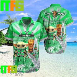 NCAA Marshall Thundering Herd Baby Yoda Tiki Flower Hawaiian Shirt Gifts For Men And Women Hawaiian Shirt