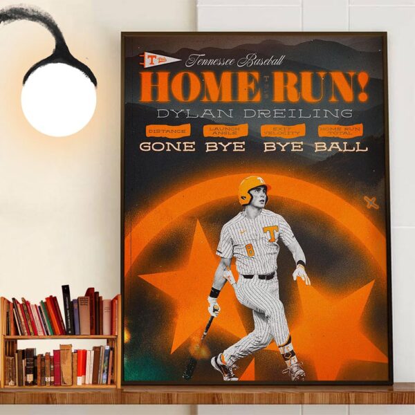 Tennessee Volunteers Baseball Home Run Dylan Dreiling Gone Bye Bye Ball Decor Wall Art Poster Canvas