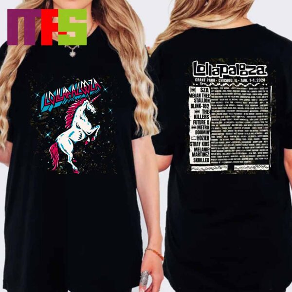 Lollapalooza Festival From August 1st-4th 2024 At Grant Park In Chicago Unicorn Lineup Two Sided T-Shirt