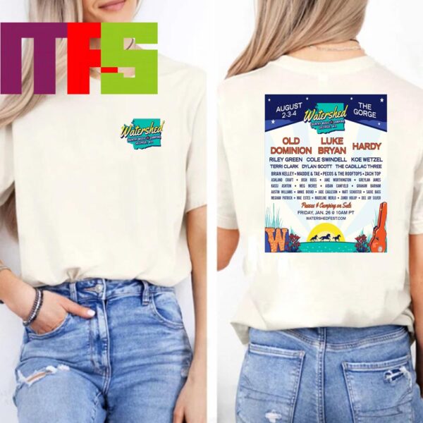 Watershed Music Featival 2024 Country Music Camping In George WA From August 2nd-4th Lineup Two Sided T-Shirt