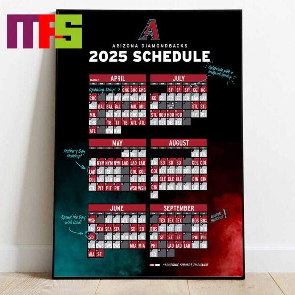 Arizona Diamondbacks 2025 Regular Season Schedule Calendars Home Decor Poster Canvas