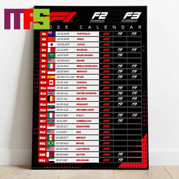 Fomula 1 Fomula 2 Fomula 3 All Race Schedule Calendars 2025 F1 F2 F3 Home Decor Poster Canvas