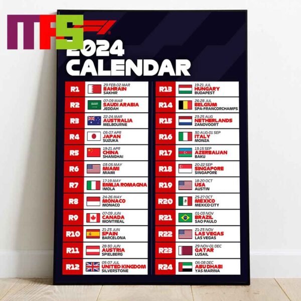 Formula 1 Schedule Calendar 2024 F1 Home Decor Poster Canvas